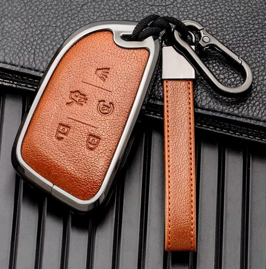 Customizable Leather & Aluminum Key Fob Cover with Keychain for Cadillac (A - 5 - Button) - Kollen US
