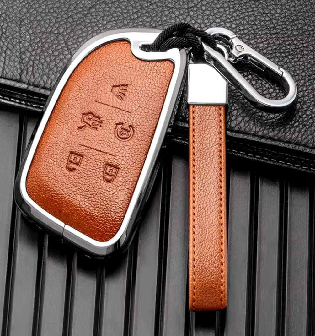 Customizable Leather & Aluminum Key Fob Cover with Keychain for Cadillac (A - 5 - Button) - Kollen US