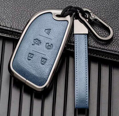 Customizable Leather & Aluminum Key Fob Cover with Keychain for Cadillac (A - 5 - Button) - Kollen US