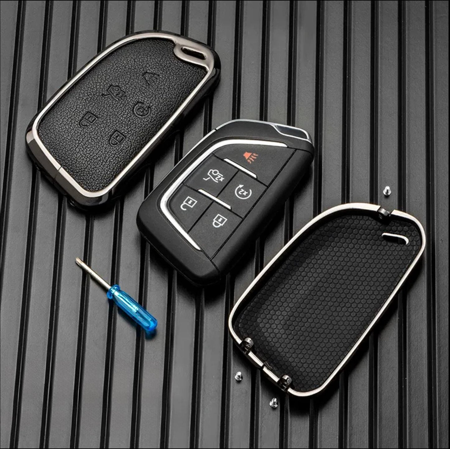 Customizable Leather & Aluminum Key Fob Cover with Keychain for Cadillac (A - 5 - Button) - Kollen US