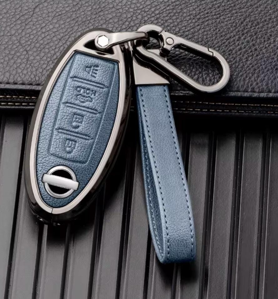 Customizable Leather & Aluminum Key Fob Cover with Keychain for Nissan (4 - Button) - Kollen US