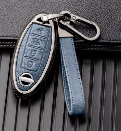 Customizable Leather & Aluminum Key Fob Cover with Keychain for Nissan (4 - Button) - Kollen US