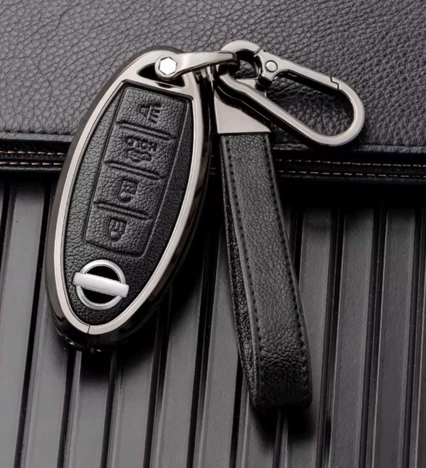 Customizable Leather & Aluminum Key Fob Cover with Keychain for Nissan (4 - Button) - Kollen US
