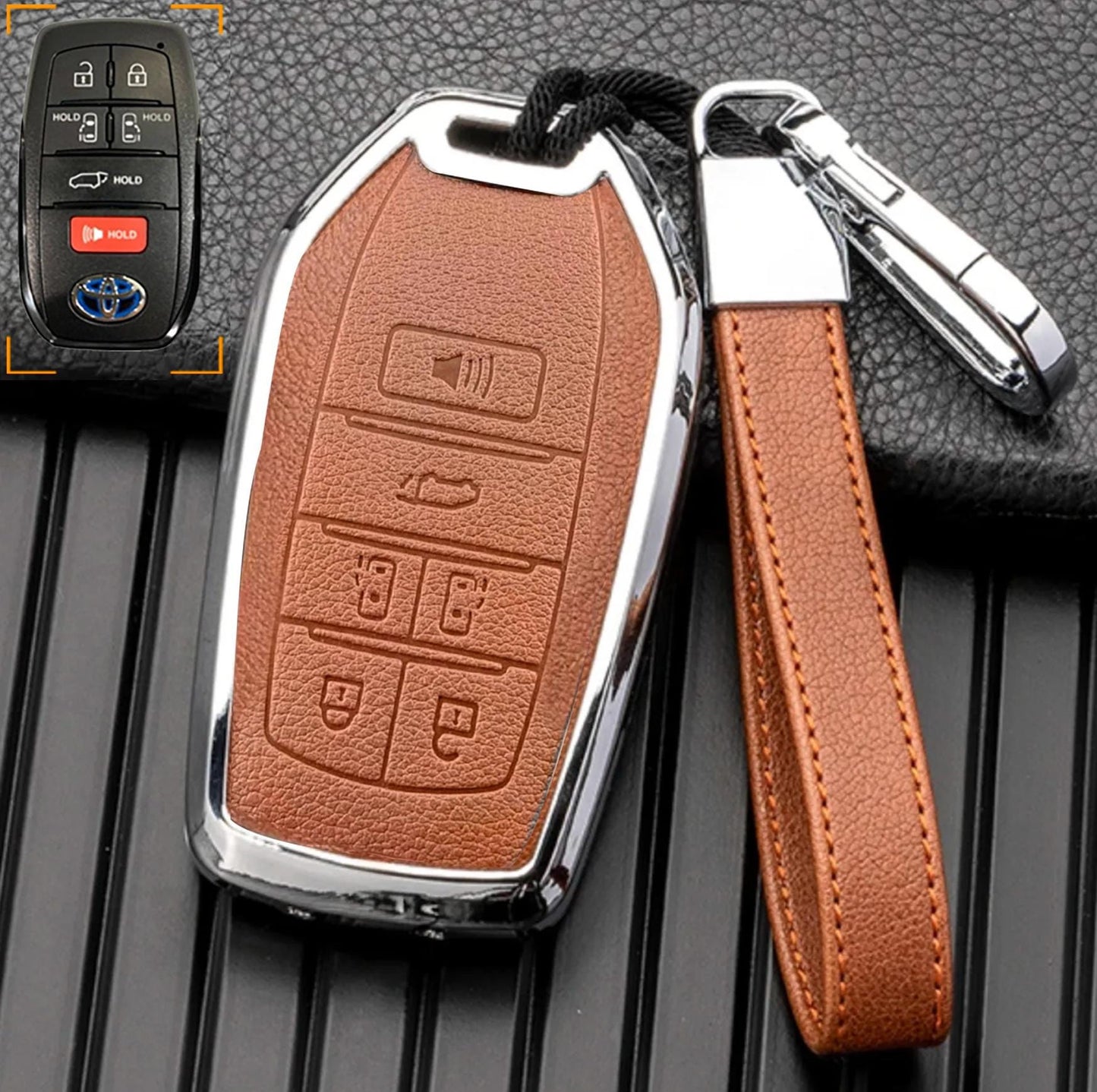 Customizable Leather & Aluminum Key Fob Cover with Keychain for Toyota Sienna and more (6 - button) - Kollen US