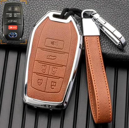 Customizable Leather & Aluminum Key Fob Cover with Keychain for Toyota Sienna and more (6 - button) - Kollen US