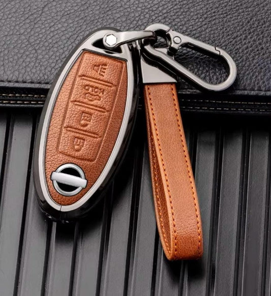 Customizable Leather & Aluminum Key Fob Cover with Keychain for Nissan (4 - Button) - Kollen US