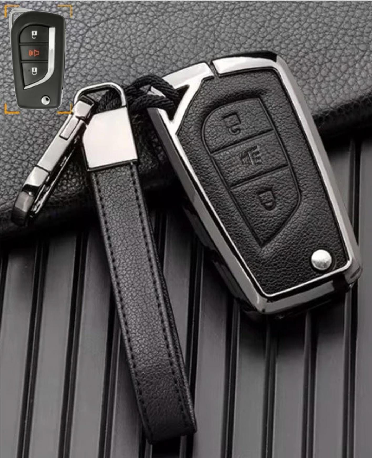 Customizable Key Fob Cover in Aluminum & Leather with Keychain for Toyota (3 - Button - Flip key) - Kollen US