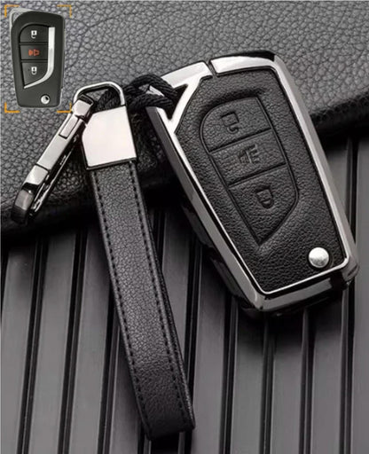 Customizable Key Fob Cover in Aluminum & Leather with Keychain for Toyota (3 - Button - Flip key) - Kollen US