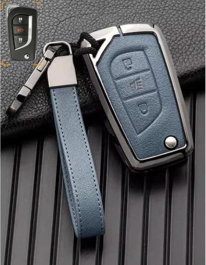 Customizable Key Fob Cover in Aluminum & Leather with Keychain for Toyota (3 - Button - Flip key) - Kollen US