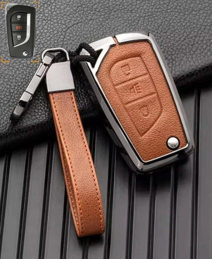 Customizable Key Fob Cover in Aluminum & Leather with Keychain for Toyota (3 - Button - Flip key) - Kollen US
