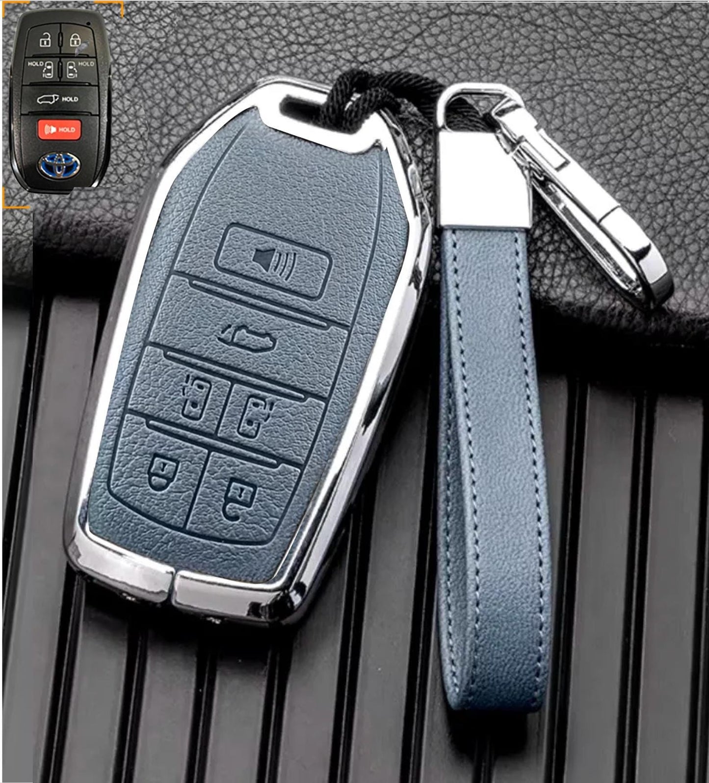 Customizable Leather & Aluminum Key Fob Cover with Keychain for Toyota Sienna and more (6 - button) - Kollen US