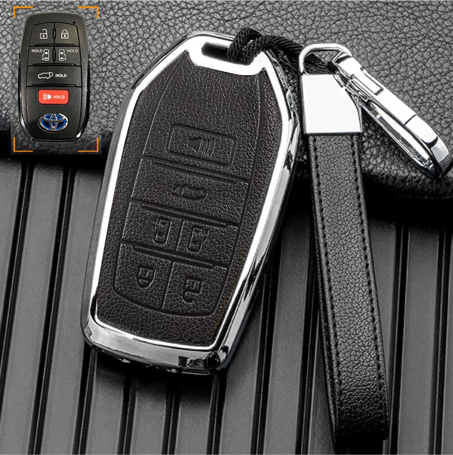 Customizable Leather & Aluminum Key Fob Cover with Keychain for Toyota Sienna and more (6 - button) - Kollen US