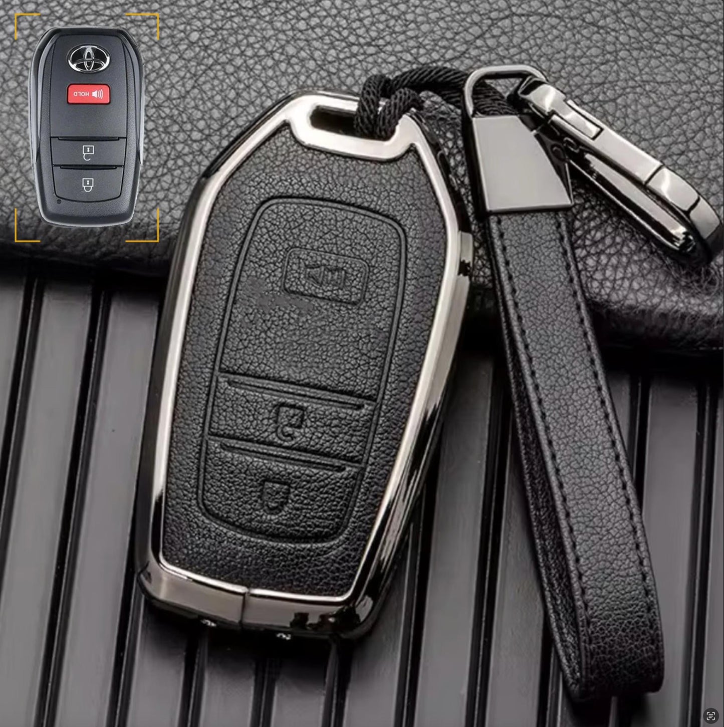 Customizable Leather & Aluminum Key Fob Cover with Keychain for Toyota (3 - Button) - Kollen US