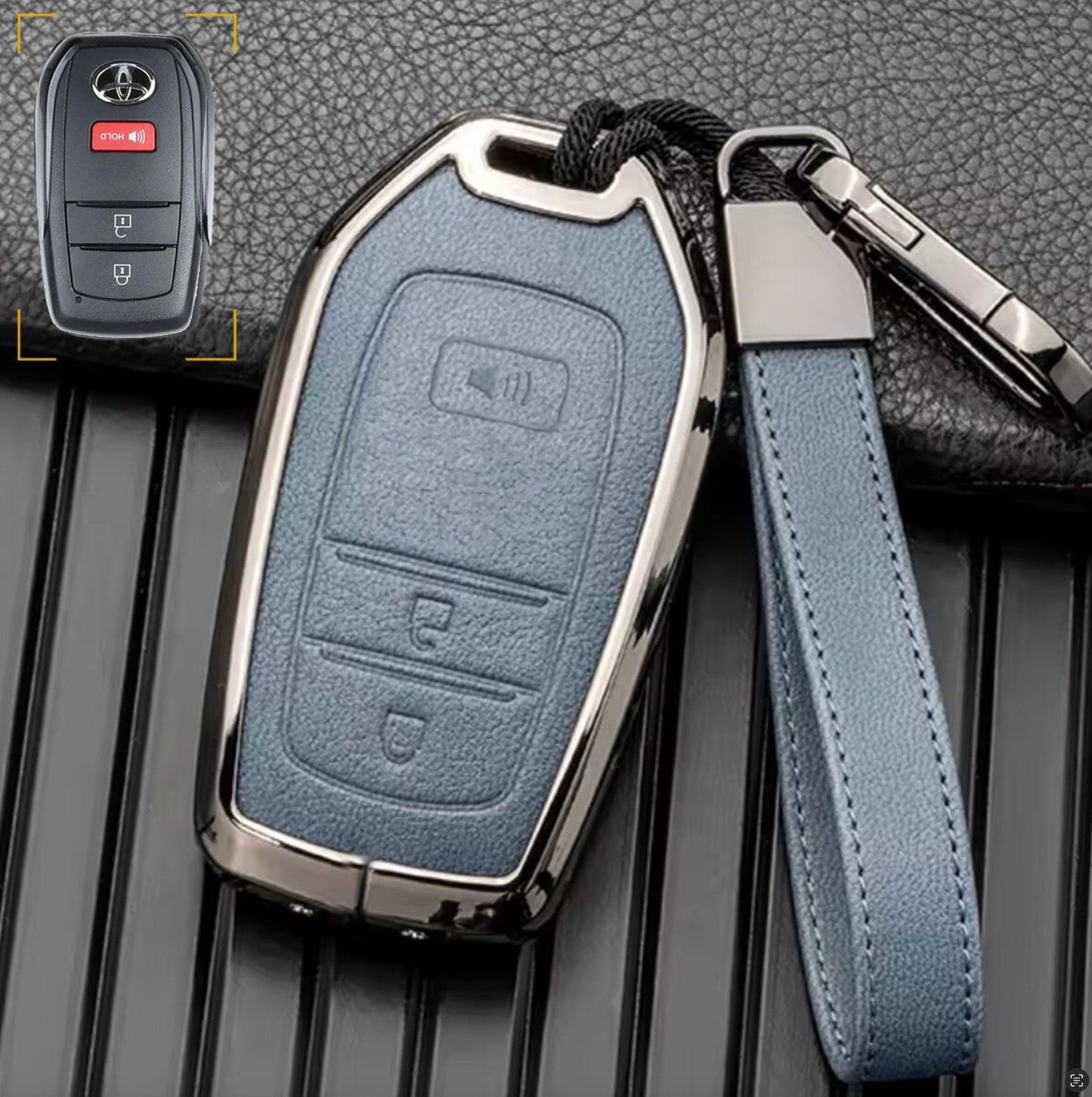 Customizable Leather & Aluminum Key Fob Cover with Keychain for Toyota (3 - Button) - Kollen US