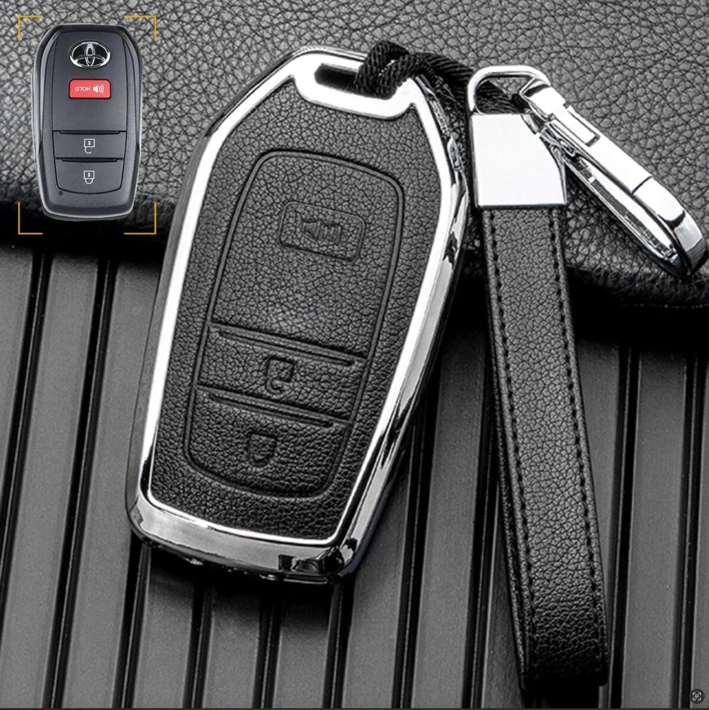 Customizable Leather & Aluminum Key Fob Cover with Keychain for Toyota (3 - Button) - Kollen US