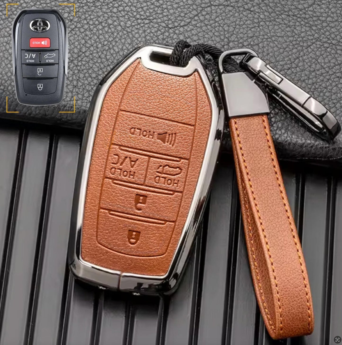 Customizable key fob cover in Leather & Aluminum with Keychain for Toyota Hybrid (5 - Button) - Kollen US