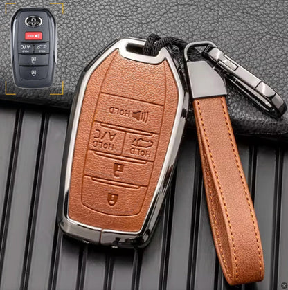 Customizable key fob cover in Leather & Aluminum with Keychain for Toyota Hybrid (5 - Button) - Kollen US