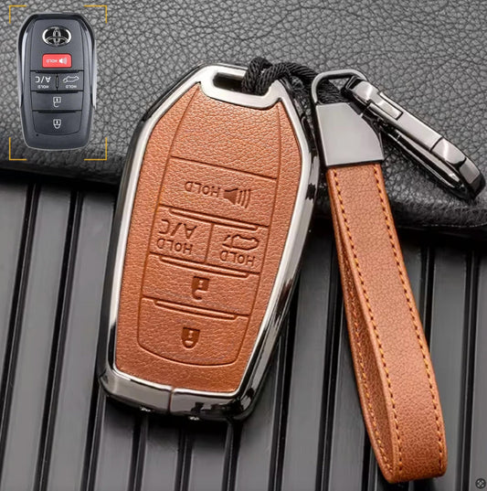 Customizable key fob cover in Leather & Aluminum with Keychain for Toyota Hybrid (5 - Button) - Kollen US
