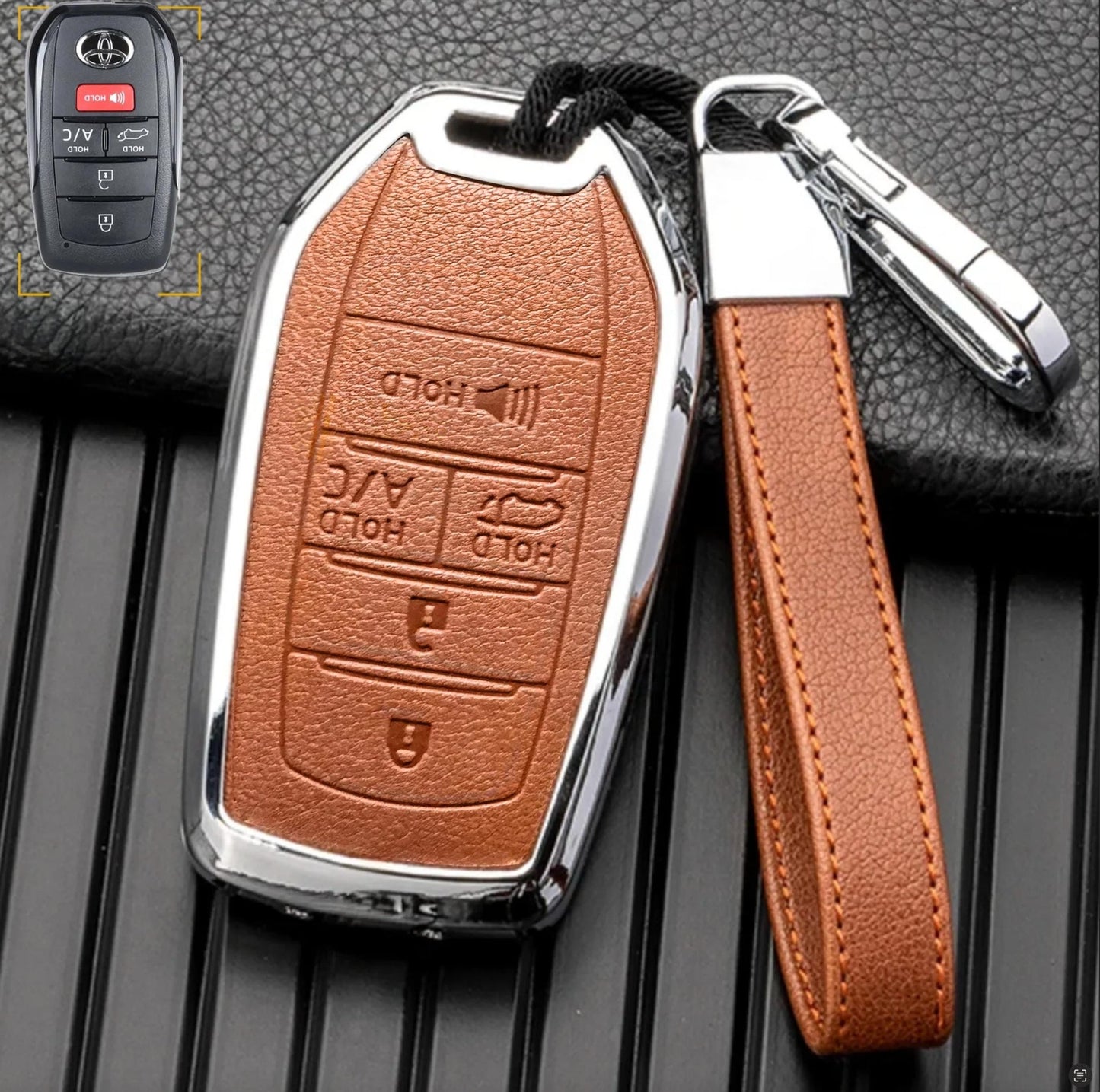 Customizable key fob cover in Leather & Aluminum with Keychain for Toyota Hybrid (5 - Button) - Kollen US