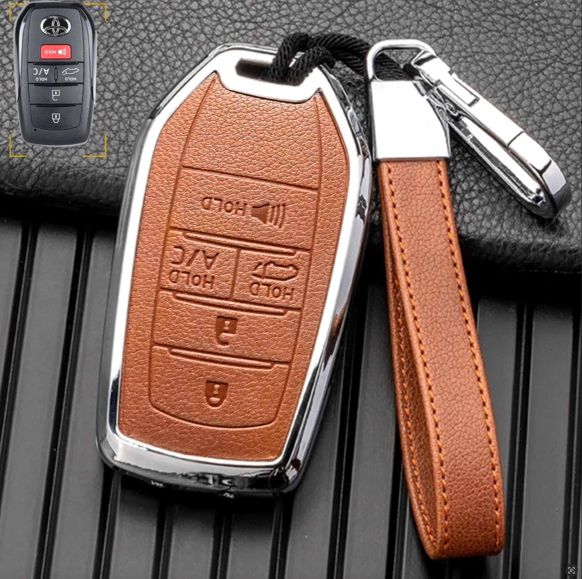 Customizable key fob cover in Leather & Aluminum with Keychain for Toyota Hybrid (5 - Button) - Kollen US