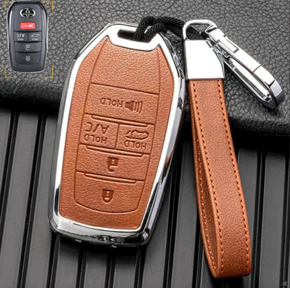 Customizable key fob cover in Leather & Aluminum with Keychain for Toyota Hybrid (5 - Button) - Kollen US