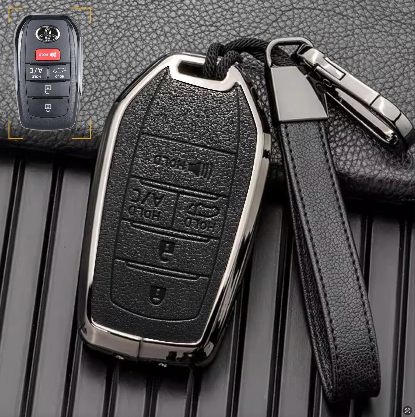 Customizable key fob cover in Leather & Aluminum with Keychain for Toyota Hybrid (5 - Button) - Kollen US