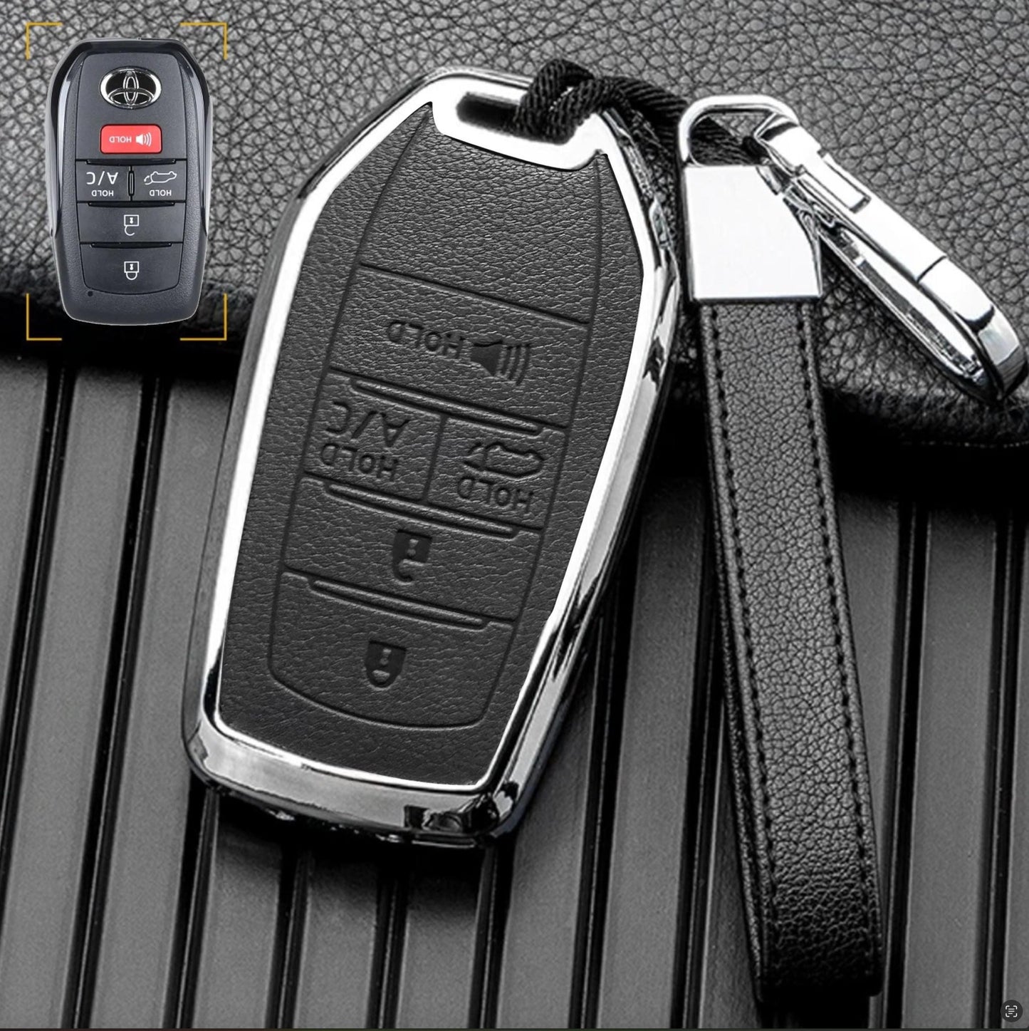 Customizable key fob cover in Leather & Aluminum with Keychain for Toyota Hybrid (5 - Button) - Kollen US