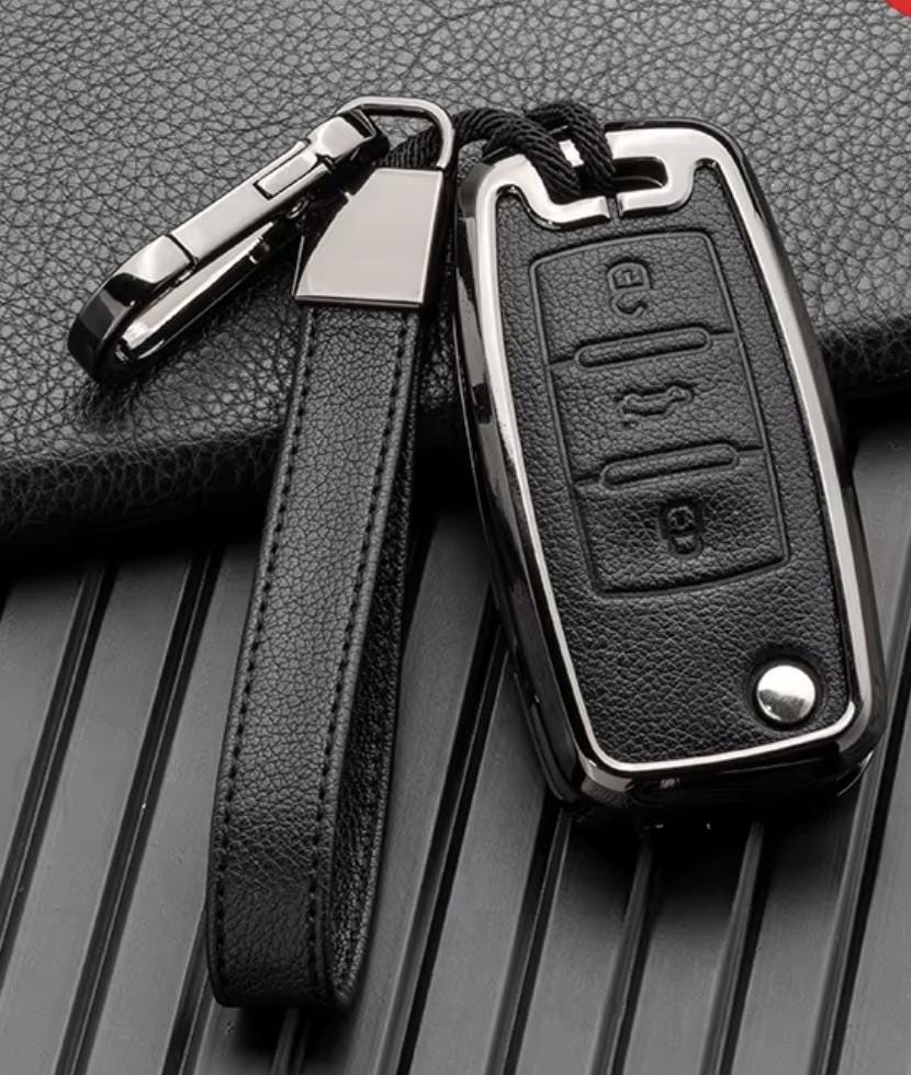 Customizable Leather & Aluminum Key Fob Cover with Keychain for VW Volkswagen (Flip key) - Kollen US