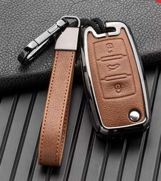 Customizable Leather & Aluminum Key Fob Cover with Keychain for VW Volkswagen (Flip key) - Kollen US