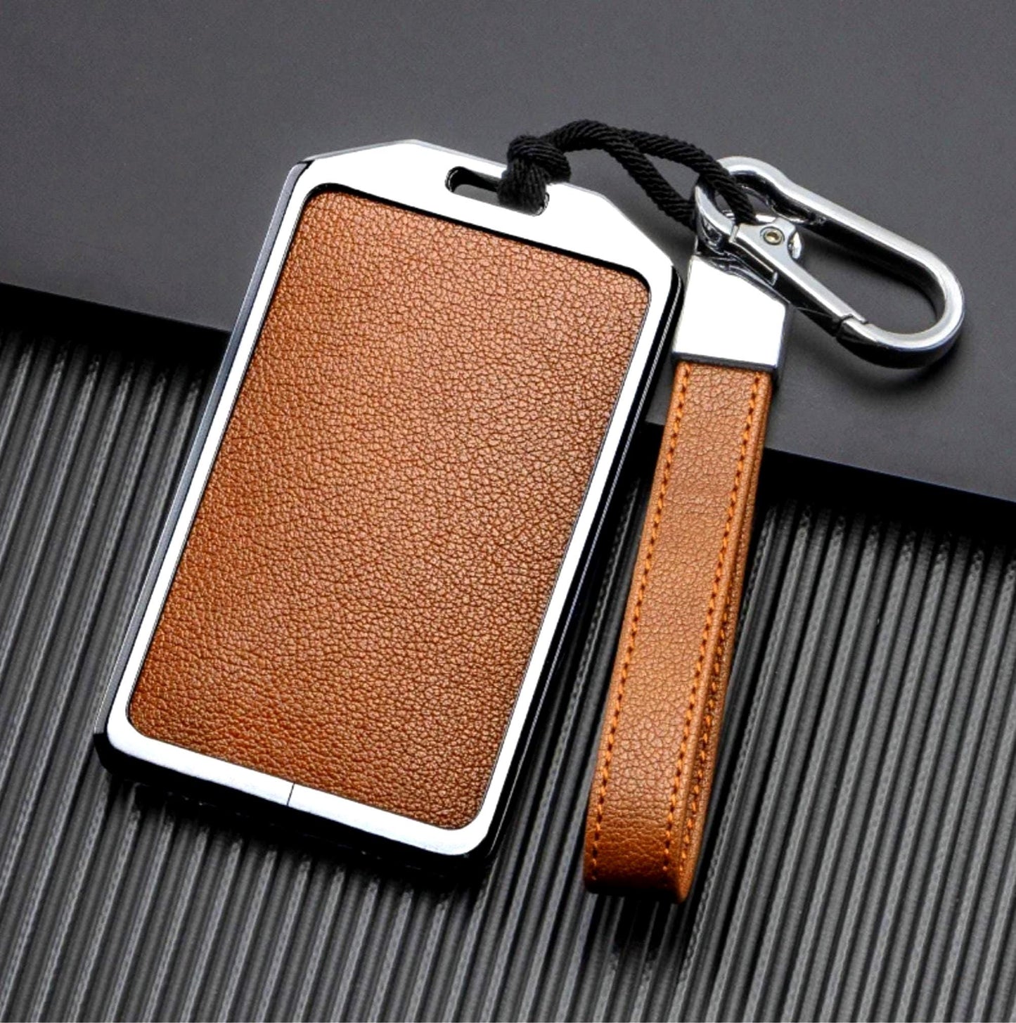 For Tesla/Rivian/Volvo EX 30/ RFID Card Customizable Leather & Aluminum Key Fob Cover with Keychain