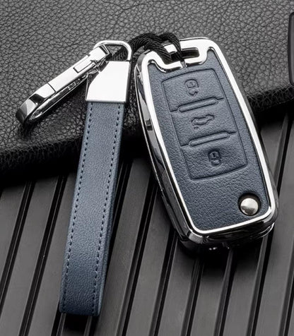 Customizable Leather & Aluminum Key Fob Cover with Keychain for VW Volkswagen (Flip key) - Kollen US