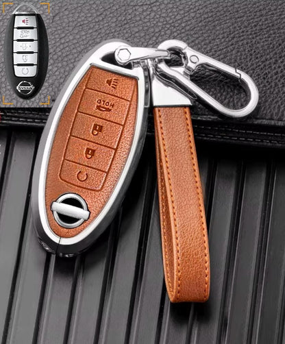 For Nissan  - Customizable Leather Key Fob Cover with Aluminum Shell & Keychain (5-Button)
