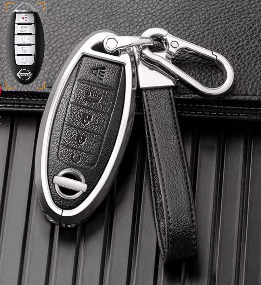For Nissan  - Customizable Leather Key Fob Cover with Aluminum Shell & Keychain (5-Button)