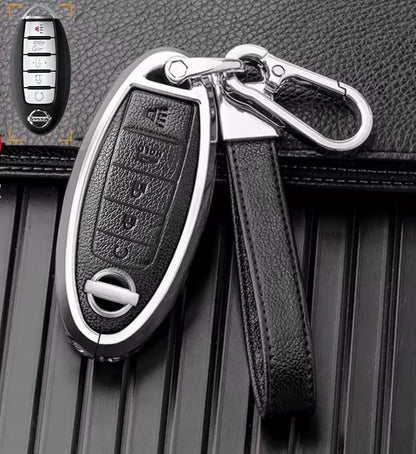 For Nissan  - Customizable Leather Key Fob Cover with Aluminum Shell & Keychain (5-Button)