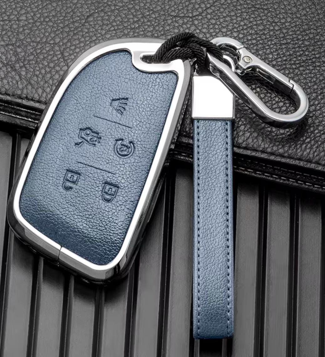 Customizable Leather & Aluminum Key Fob Cover with Keychain for Cadillac (A - 5 - Button) - Kollen US