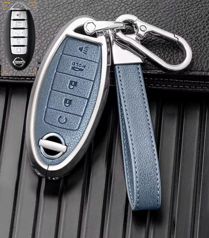 For Nissan  - Customizable Leather Key Fob Cover with Aluminum Shell & Keychain (5-Button)