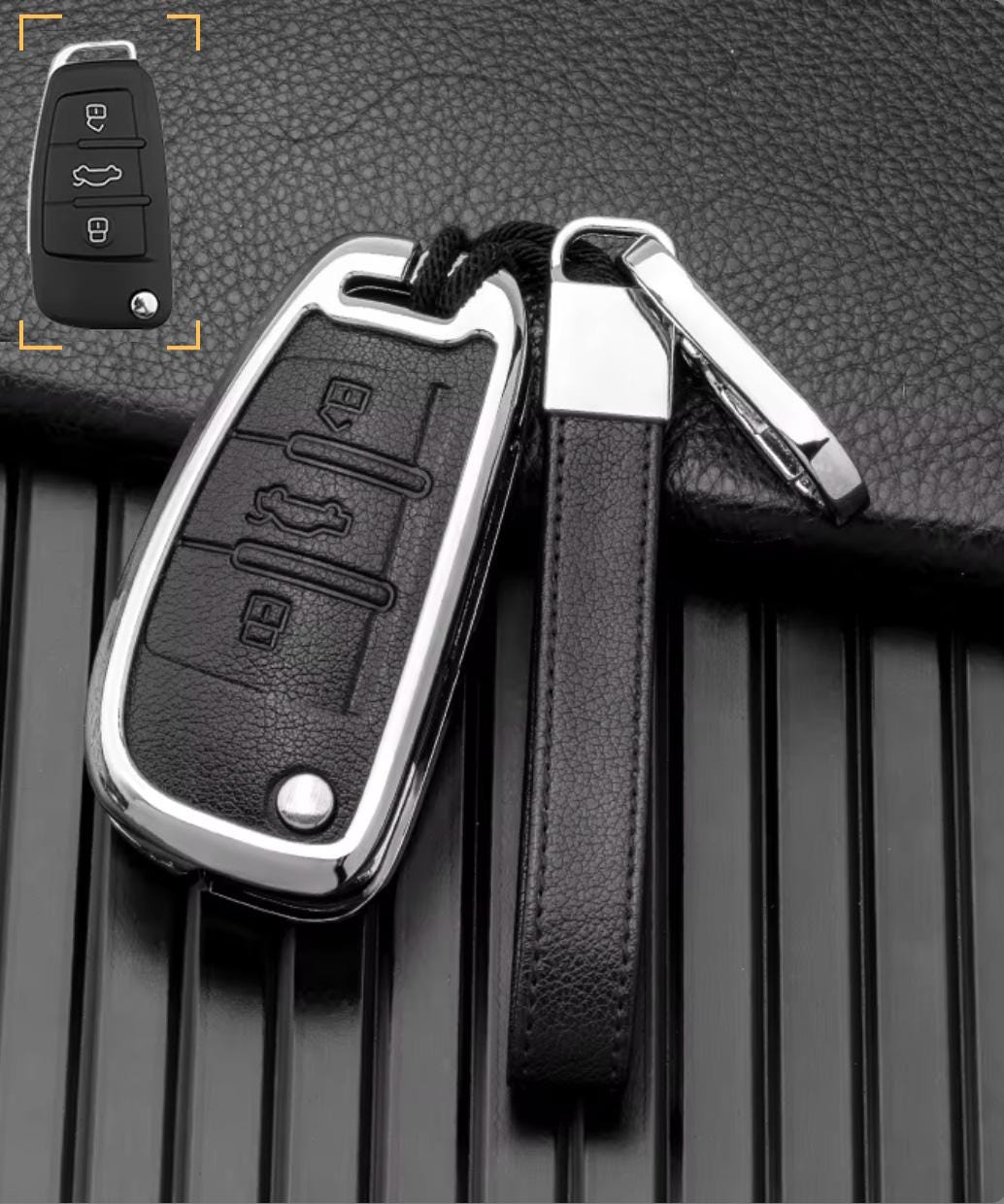 Customizable Leather & Aluminum Key Fob Cover with Keychain for Audi (Flip key) - Kollen US