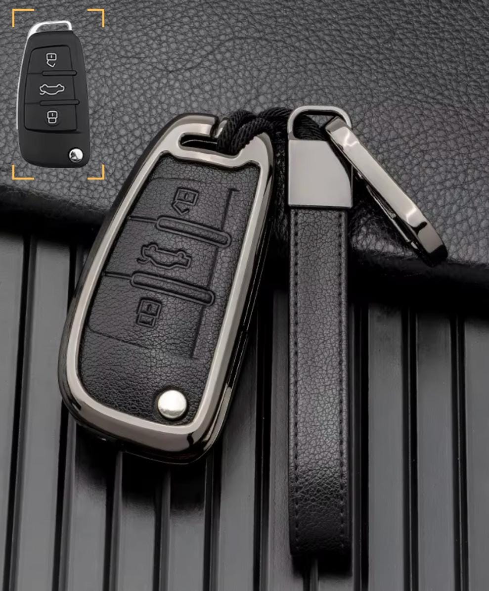 Customizable Leather & Aluminum Key Fob Cover with Keychain for Audi (Flip key) - Kollen US