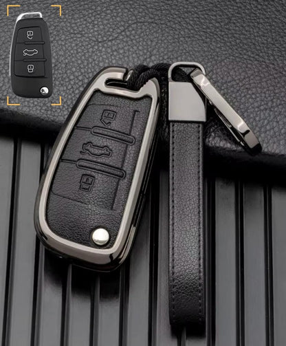 Customizable Leather & Aluminum Key Fob Cover with Keychain for Audi (Flip key) - Kollen US