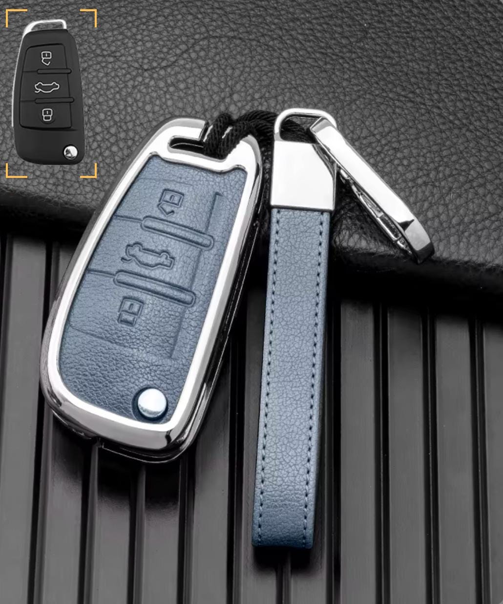 Customizable Leather & Aluminum Key Fob Cover with Keychain for Audi (Flip key) - Kollen US