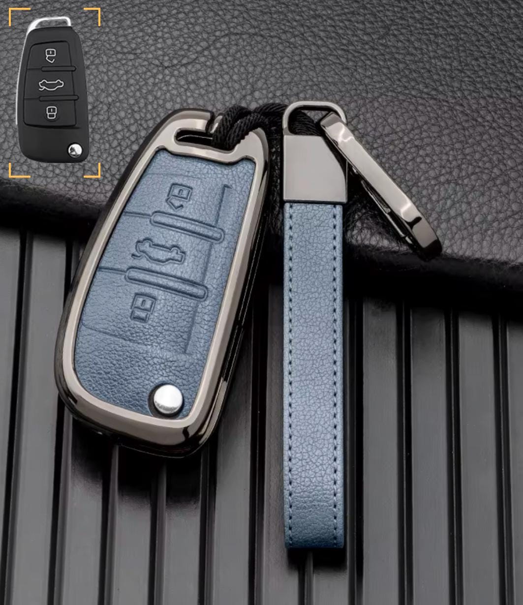 Customizable Leather & Aluminum Key Fob Cover with Keychain for Audi (Flip key) - Kollen US