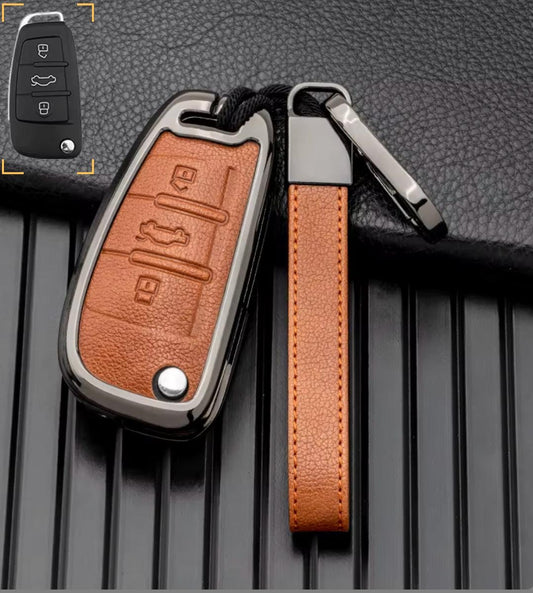 Customizable Leather & Aluminum Key Fob Cover with Keychain for Audi (Flip key) - Kollen US