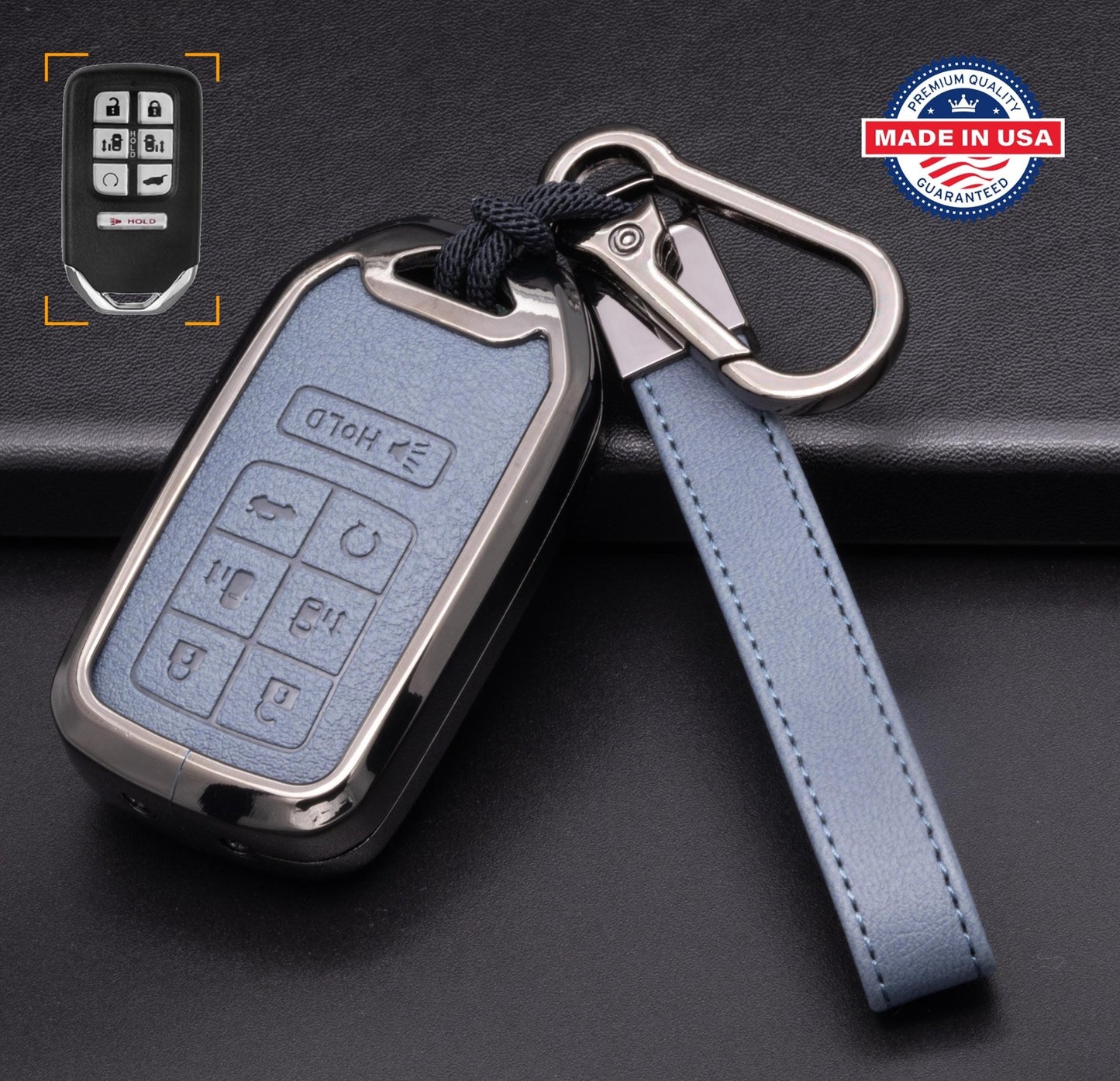 Customizable key fob cover in Leather & Aluminum with Keychain set for Honda (7 - Button) - Kollen US