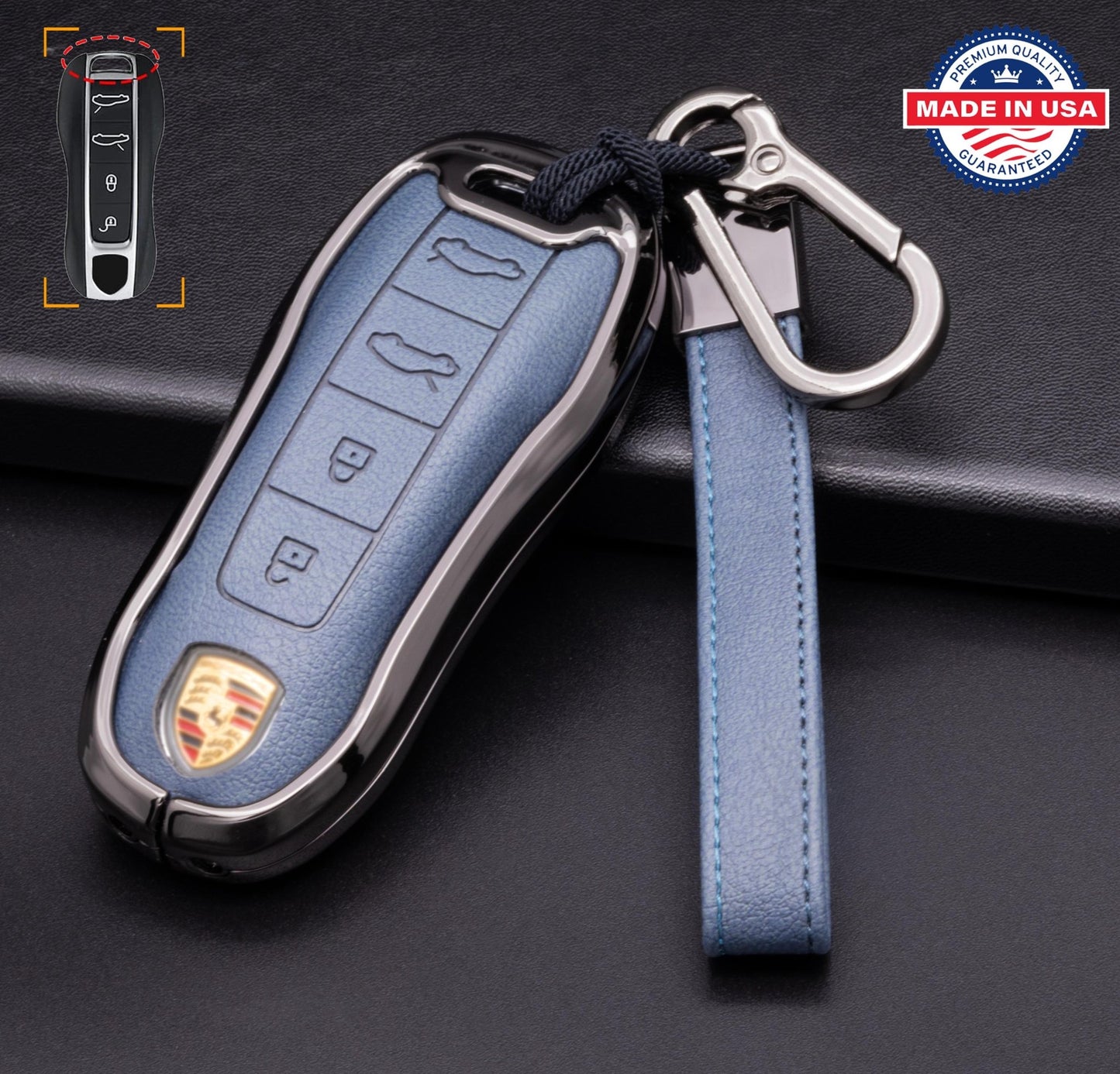 For Porsche - customizable Leather & Aluminum Key Fob Cover with Keychain (4 - button) NOT all EV's - Kollen US