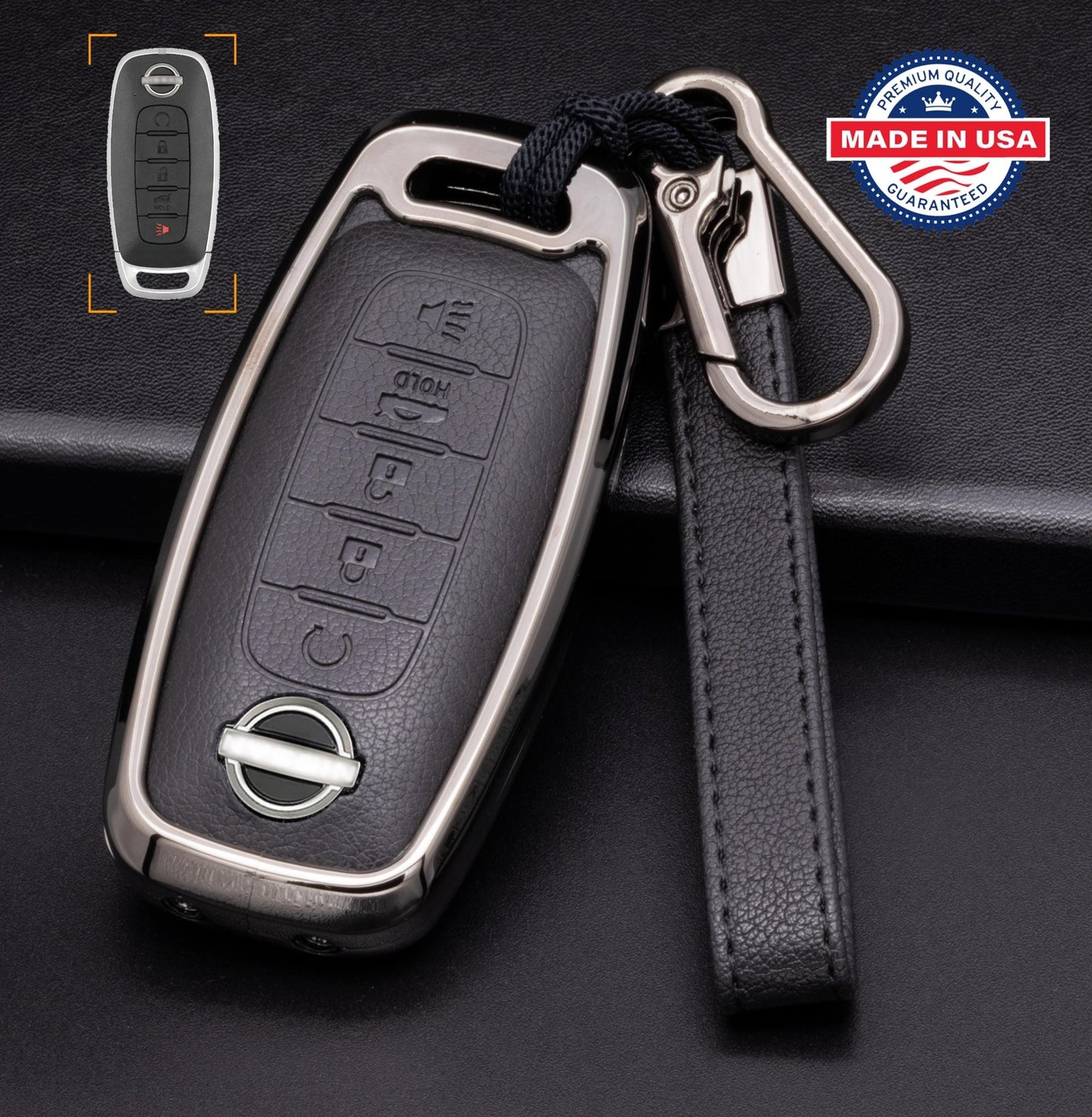 Customizable Leather & Aluminum Key Fob Cover with Keychain for Nissan (5 - Button) - Kollen US