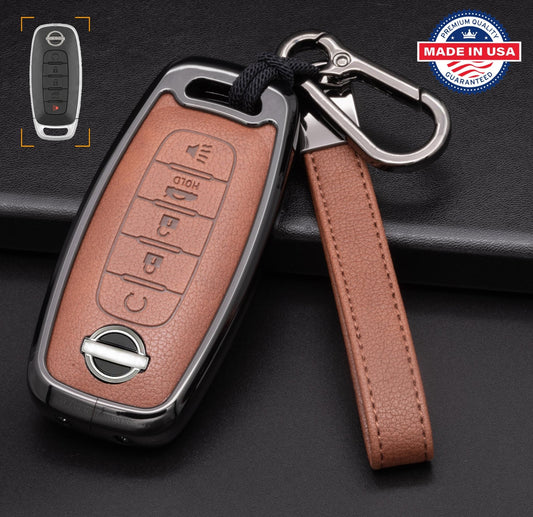 Customizable Leather & Aluminum Key Fob Cover with Keychain for Nissan (5 - Button) - Kollen US