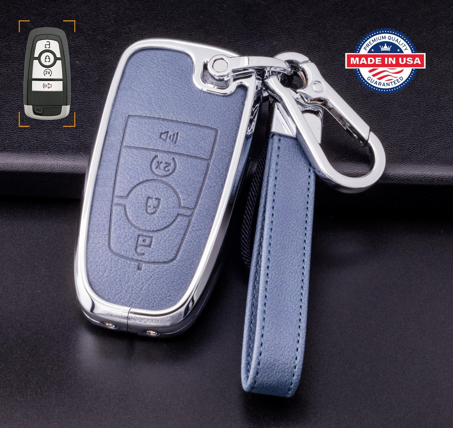 For Ford/Lincoln/Bronco - customizable Leather Key Fob Cover with Aluminum Shell & Keychain (4 - Button) - Kollen US