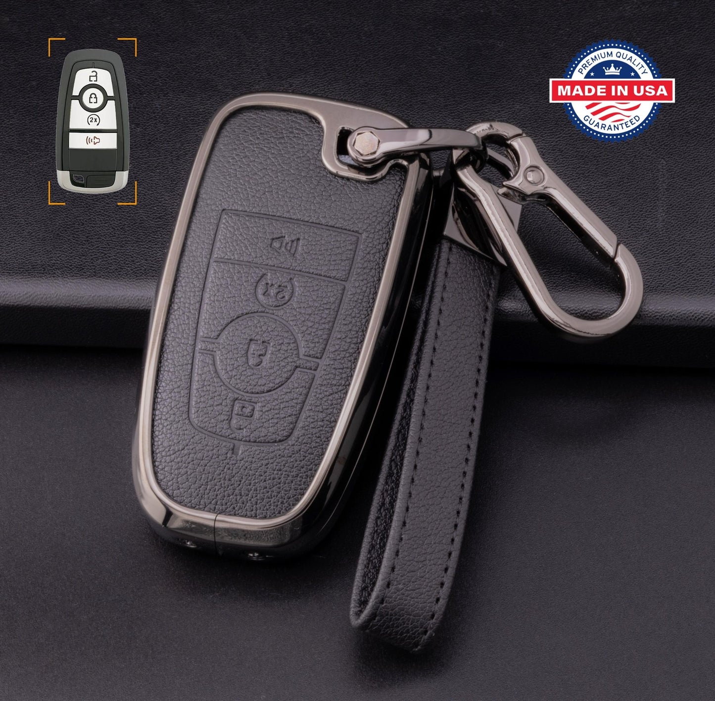 For Ford/Lincoln/Bronco - customizable Leather Key Fob Cover with Aluminum Shell & Keychain (4 - Button) - Kollen US