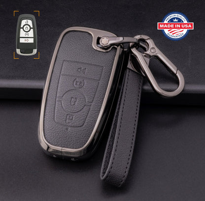 For Ford/Lincoln/Bronco - customizable Leather Key Fob Cover with Aluminum Shell & Keychain (4 - Button) - Kollen US