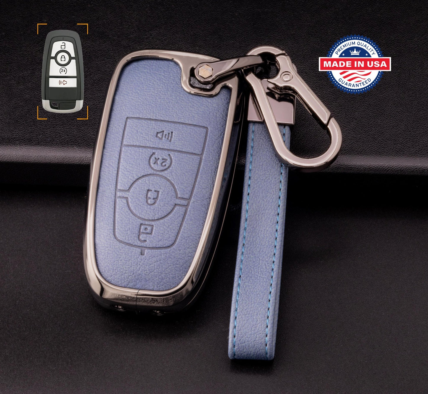 For Ford/Lincoln/Bronco - customizable Leather Key Fob Cover with Aluminum Shell & Keychain (4 - Button) - Kollen US